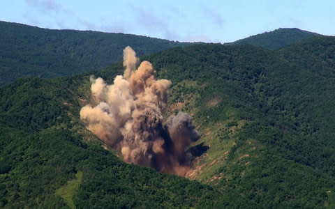 A bomb hits a mock target at the Pilseung Firing Range on August 29, 2017 in Gangwon-do, South Korea - Credit: Getty