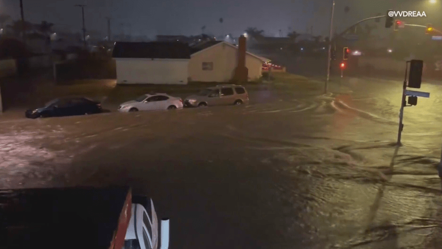 A flooded intersection in Oxnard is seen following heavy rain.