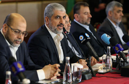 Hamas leader Khaled Meshaal gestures as he announces a new policy document in Doha, Qatar, May 1, 2017. REUTERS/Naseem Zeitoon