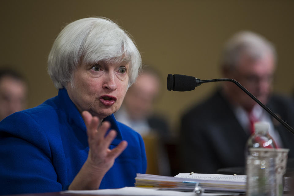 WASHINGTON, DC - NOVEMBER 29: Federal Reserve Chair Janet Yellen testifies during a Joint Economic Committee on Economy Hearing on Capitol Hill November 29, 2017 in Washington, DC. Yellen spoke about gradual interest rates increases in the future. (Photo by Zach Gibson/Getty Images)