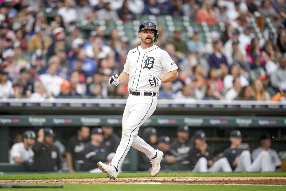 Jake Rogers of the Detroit Tigers scores a run against the Chicago White Sox during the bottom of the second inning at Comerica Park on Sept. 9, 2023, in Detroit, Michigan.