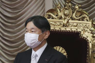 Japan's Emperor Naruhito wearing a face mask to protect against the coronavirus attends to formally open an extraordinary Diet session at the upper house of parliament in Tokyo, Monday, Oct. 26, 2020. (AP Photo/Koji Sasahara)