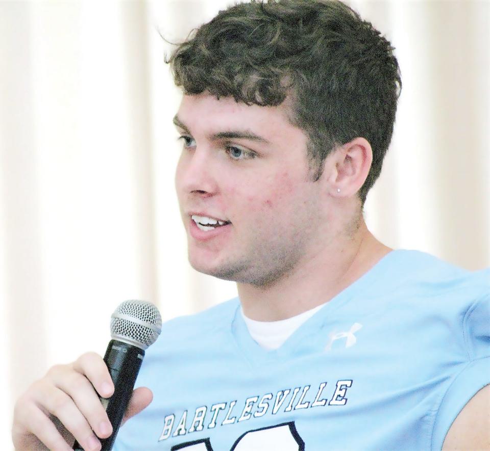 Ridge Brewington address the audience at Thursday's Bartlesville Sports Commission Bruin Kick-Off Luncheon at Hillcrest Country Club. Brewington is a four-year starting lineman and has committed to the Air Force Academy.