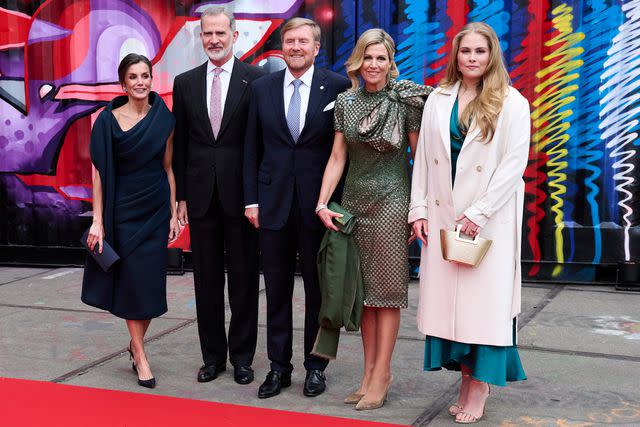 <p>Carlos Alvarez/Getty </p> (From left) Queen Letizia of Spain, King Felipe of Spain, King Willem-Alexander of The Netherlands, Queen Maxima of The Netherlands and Princess Amalia of The Netherlands attend a reception hosted by the Spanish royals at the Straat Museum on April 18, 2024 in Amsterdam.