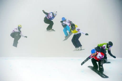 The Ladies' Snowboard Cross finals race near the Russian Black Sea resort of Sochi on February 17, 2013. Italian Michela Moioli won the race. Tajikistan may be the poorest of the five former Soviet Republics but that does not stop it from dreaming big on the sporting front