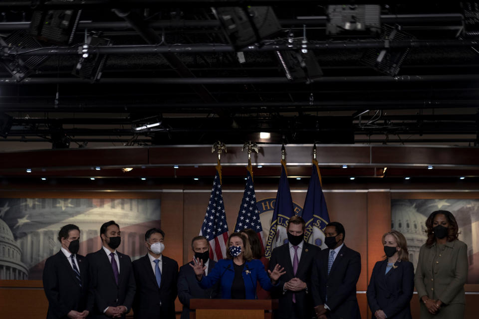 House Speaker Nancy Pelosi addresses the media after the acquittal.<span class="copyright">Gabriella Demczuk for TIME</span>