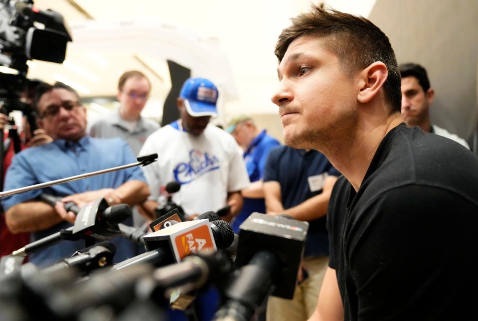 Phoenix Suns' Grayson Allen reacts during the final press conference at Suns 5G Performance Center in Phoenix April 29, 2024.