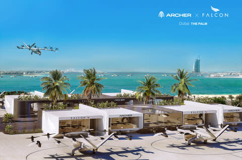 Archer and Falcon Aviation will jointly develop a vertiport network in Dubai and Abu Dhabi, enabling flights between the two cities with Archer’s Midnight flying car while establishing a key operational development for Archer’s plans to launch across the Emirates in both cities as soon as 2025. *Image depicts simulated flight (Photo: Business Wire)