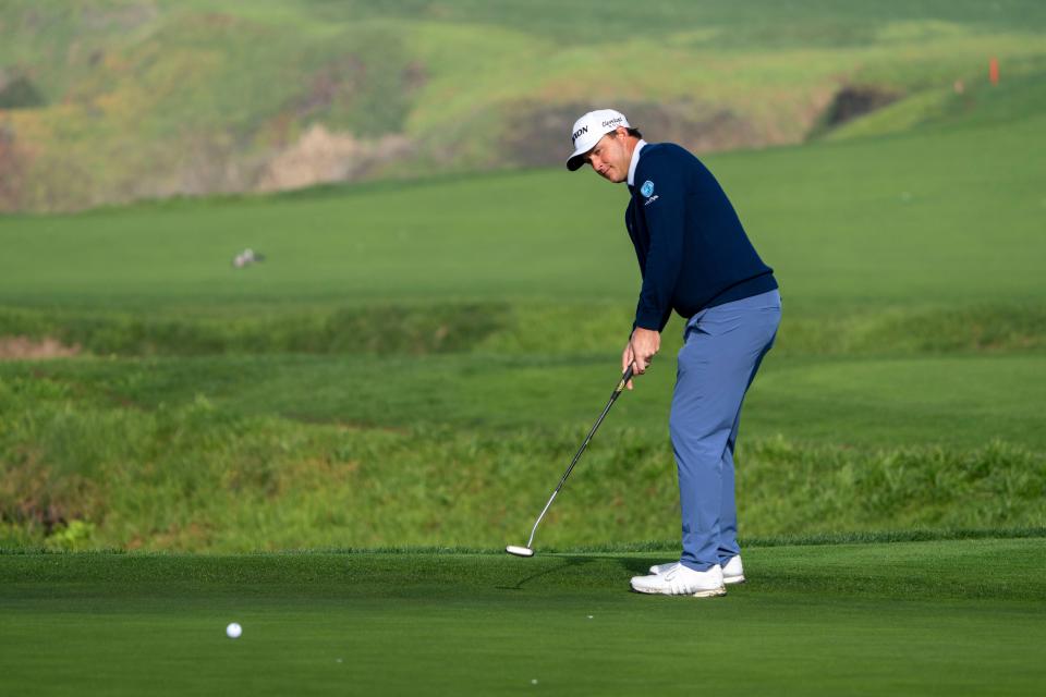 February 2, 2024; Pebble Beach, California, USA; Sepp Straka putts on the 10th hole during the second round of the AT&T Pebble Beach Pro-Am golf tournament at Pebble Beach Golf Links. Mandatory Credit: Kyle Terada-USA TODAY Sports