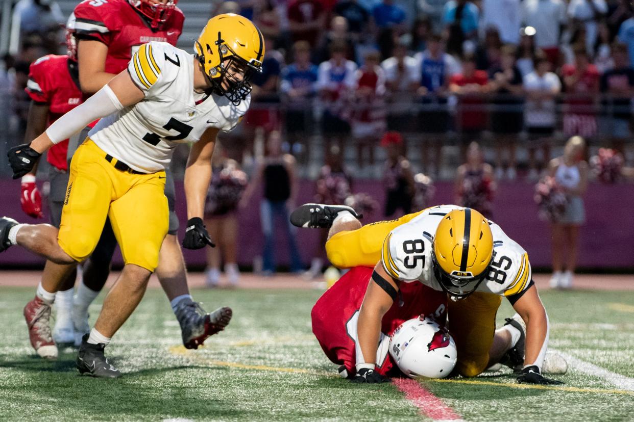 Central Bucks West defensive tackle Jeffrey Cappa sacks Upper Dublin quarterback Kevin Etkins for an 8-yard loss in a football game, Thursday, August 29, 2024, at Upper Dublin High School.