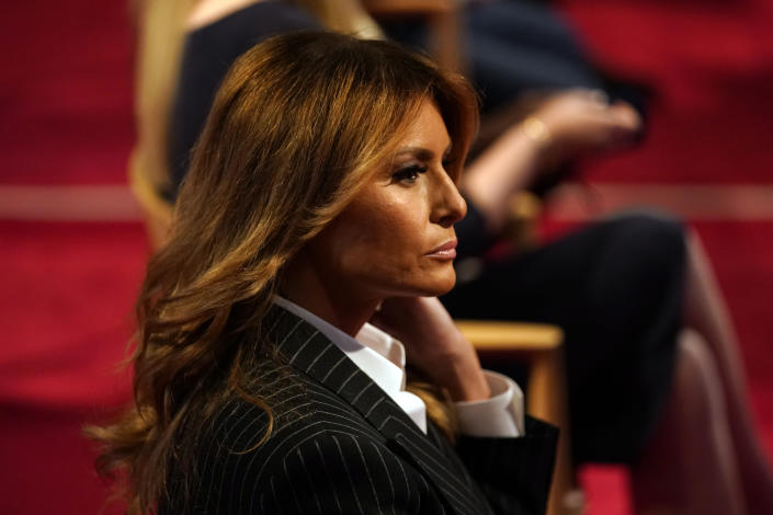 First lady Melania Trump sits before the first presidential debate Tuesday, Sept. 29, 2020, at Case Western University and Cleveland Clinic, in Cleveland, Ohio. (AP Photo/Julio Cortez)