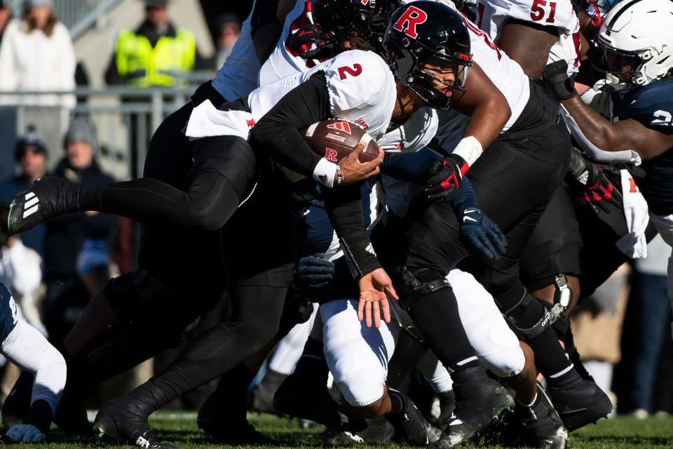 Rutgers quarterback Gavin Wimsatt (2) runs with the ball during an NCAA football game against Penn State Saturday, Nov. 18, 2023, in State College, Pa. The Nittany Lions won, 27-6.