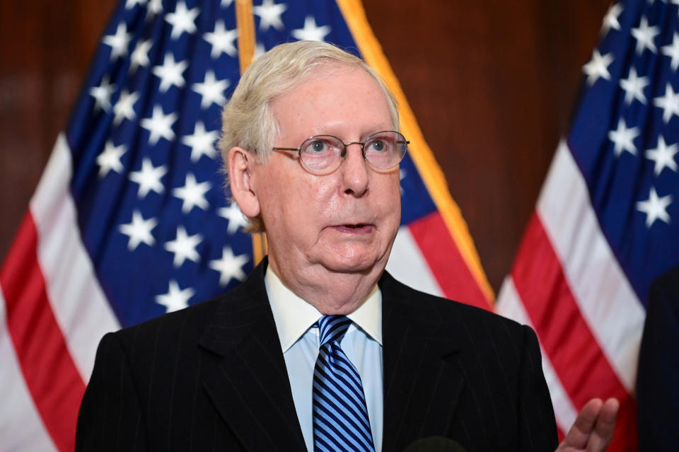 U.S. Senate Majority Leader Mitch McConnell (R-KY) speaks after the Senate Republican GOP leadership election on Capitol Hill in Washington, U.S. November 10, 2020. REUTERS/Erin Scott