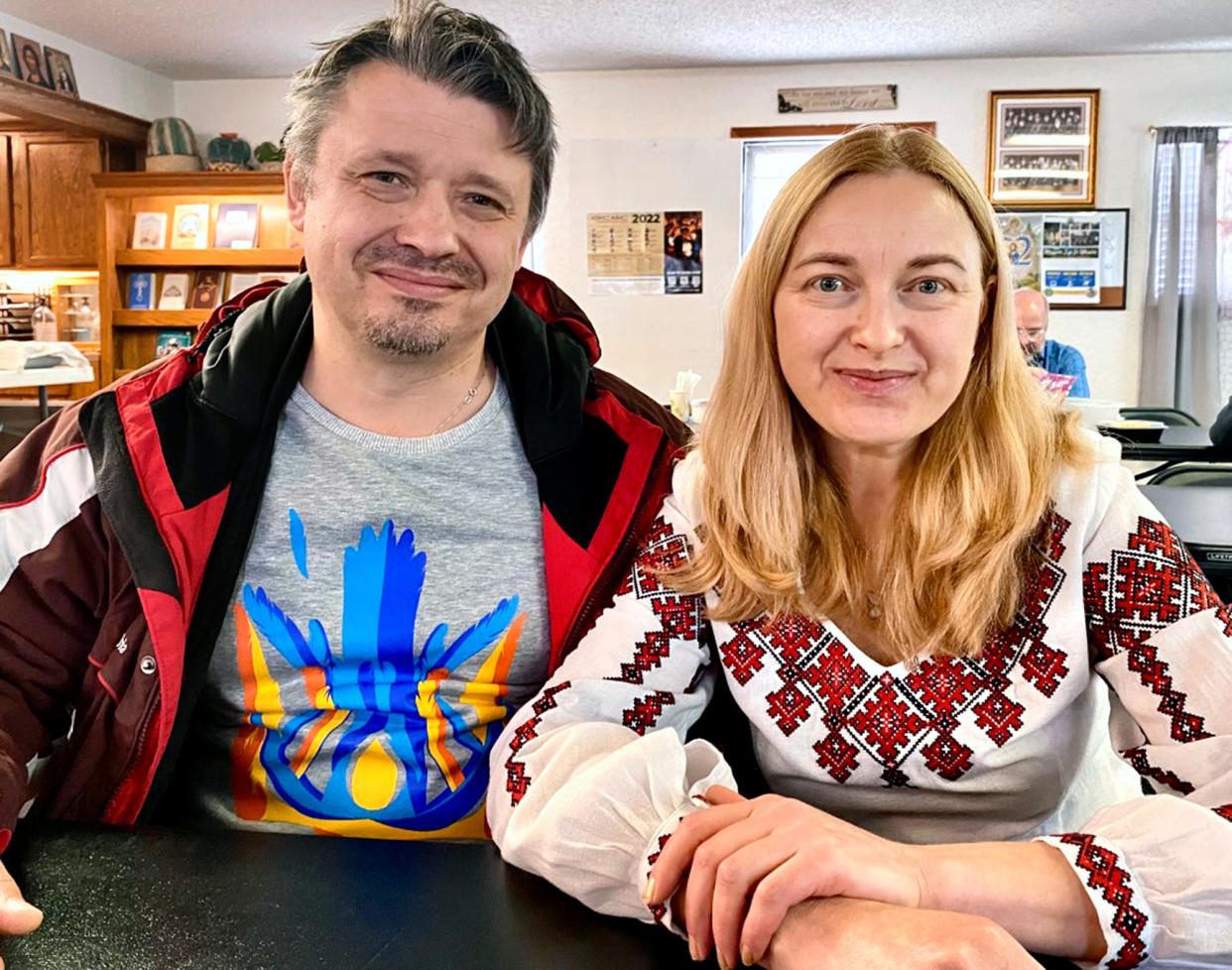 Husband and wife team Vasyl and Olena Nesin, both natives of Ukraine, sit in the fellowship hall at St. Mary Ukrainian Orthodox Church in Jones.