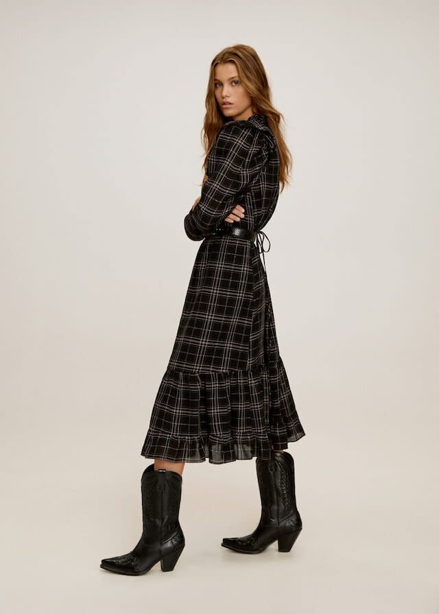 Pair this plaid dress with western boots for an urban cowboy look. <a href="https://fave.co/2PLG2w4" target="_blank" rel="noopener noreferrer"><strong>Find it for $170 at Mango</strong>﻿</a>.