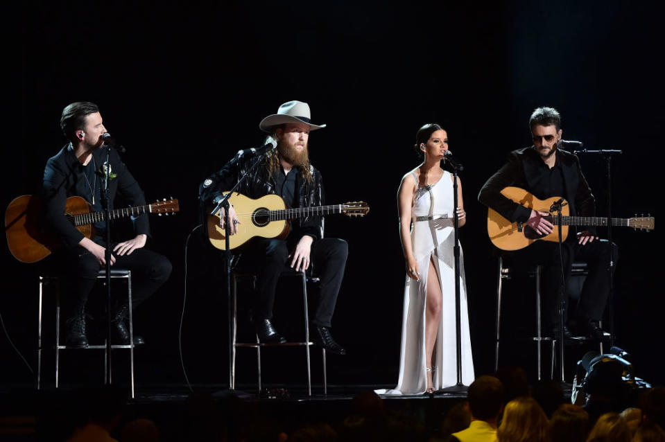 <p>T.J. Osborne and John Osborne of Brothers Osborne, along with Maren Morris and Eric Church perform onstage during the 60th Annual Grammy Awards at Madison Square Garden on January 28, 2018, in New York City. (Photo: Getty Images) </p>