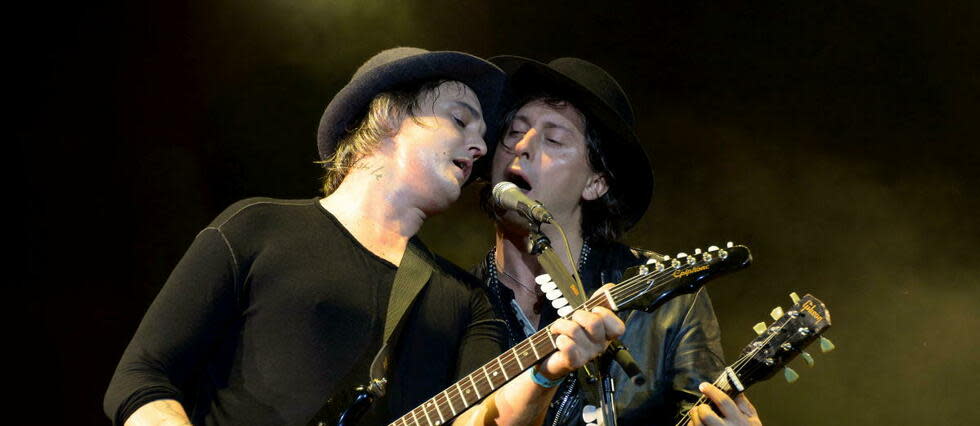 Pete Doherty (à gauche) et Carl Barat au festival Rock-en-Seine, en août 2014.    - Credit:BERTRAND GUAY / AFP