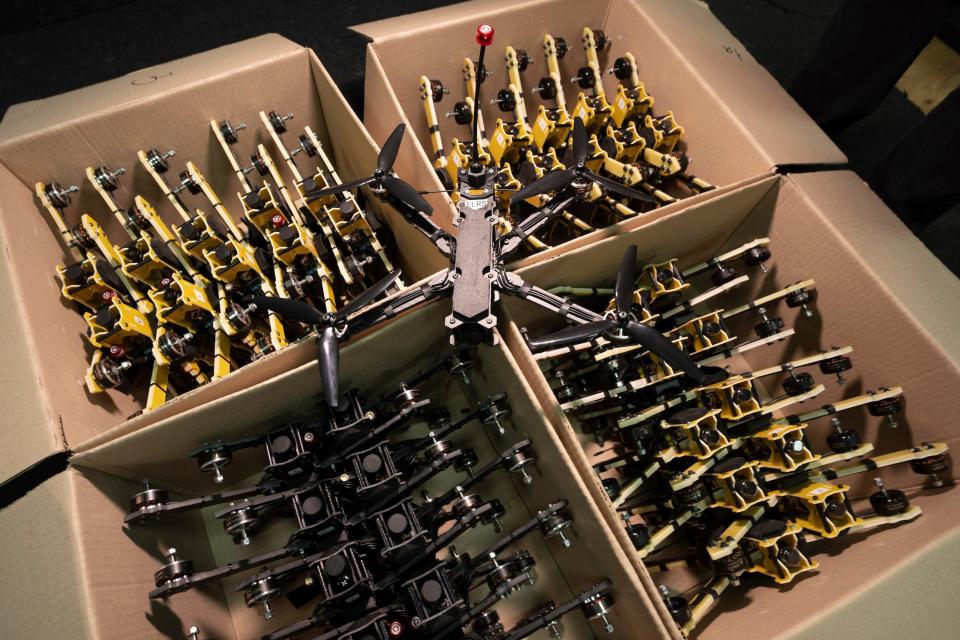 Exploding drones are ready to be shipped to the battlefield in Kyiv region, Ukraine.