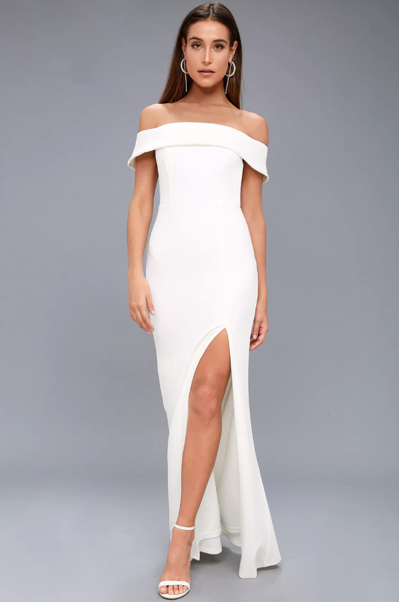 white dress, bandage, off-the-shoulder, lulus