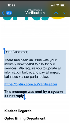 Scam messaging pretending to be Optus