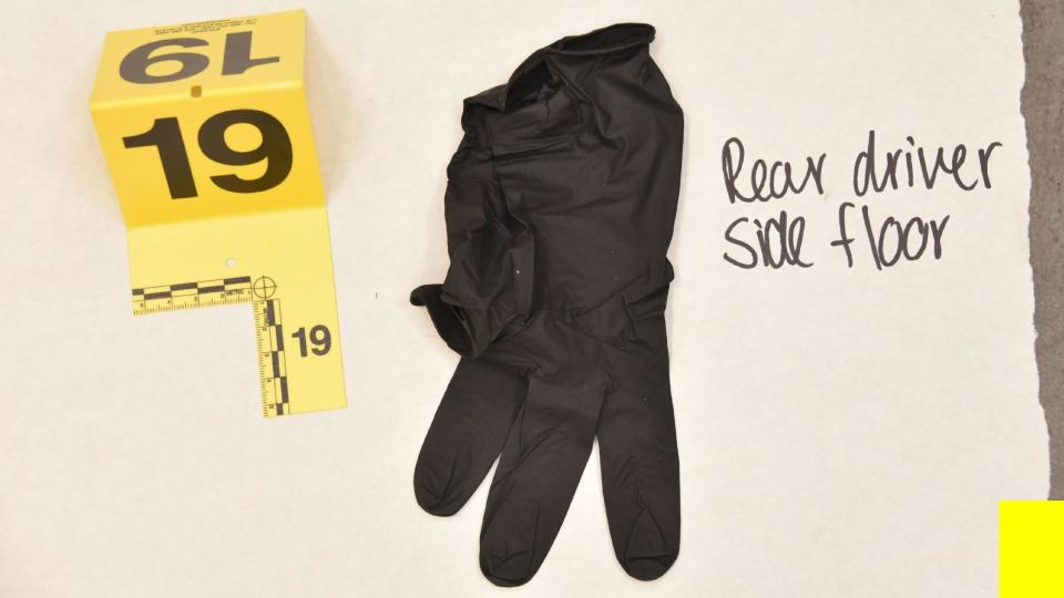 The black disposable nylon glove that was found on the floor behind the driver's seat in Jade Janks' SUV. / Credit: San Diego Superior Court North County Division