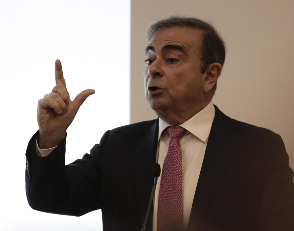 Nissan's former chairman Carlos Ghosn speaks at a press conference in Beirut, Lebanon, Wednesday, Jan. 8, 2020. (AP Photo/Maya Alleruzzo)