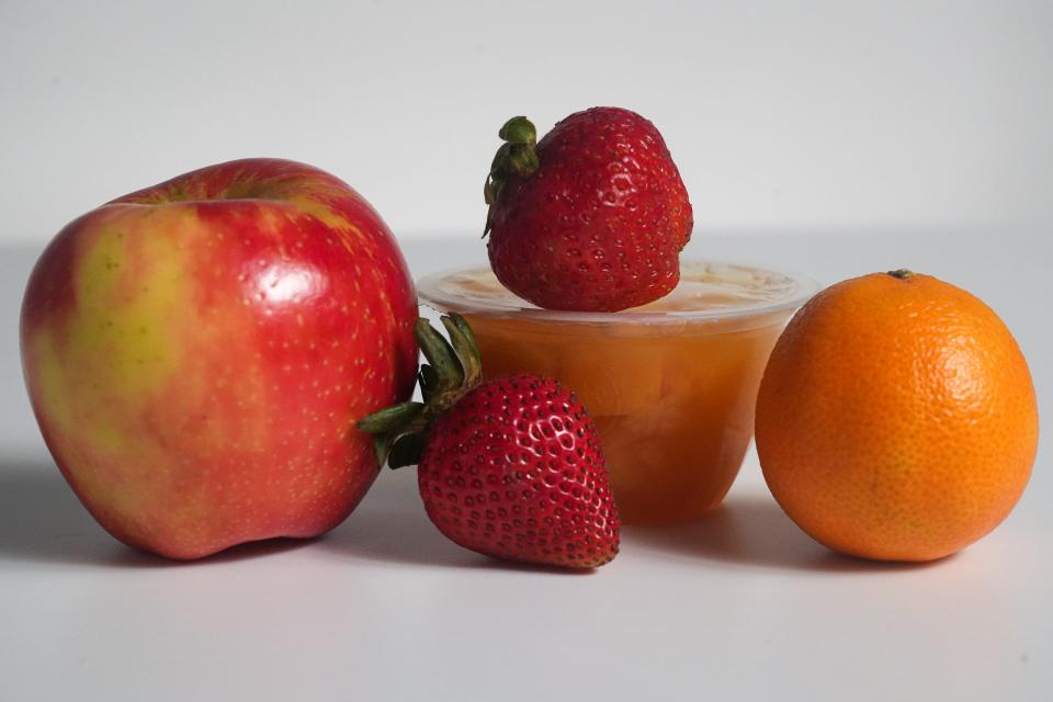 Apple, strawberries, diced peaches or an orange all work for fruit in a school lunch. If you are packing a canned fruit, make sure it is in its own juices and not sugar water.