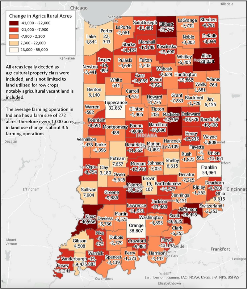  Agricultural land change quantity, based on parcel data. (Indiana State Department of Agriculture)