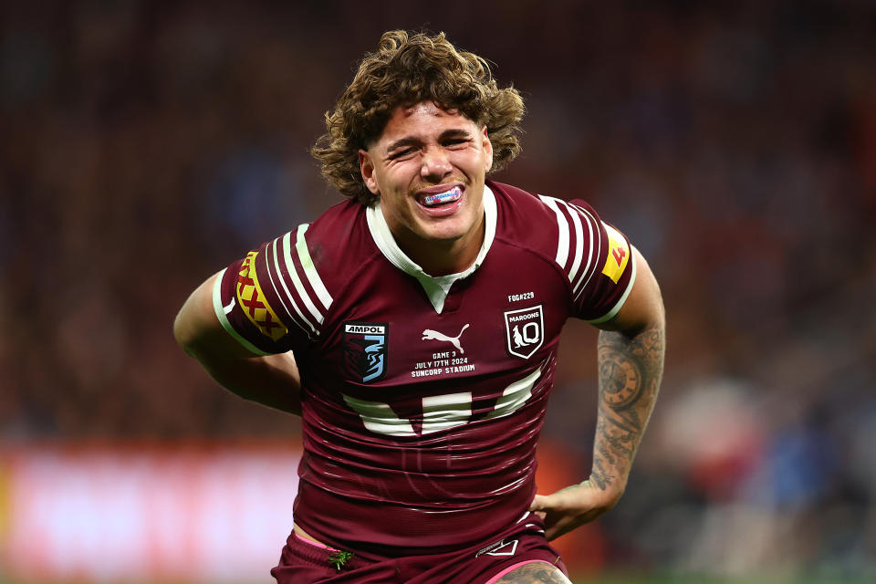 BRISBANE, AUSTRALIA - JULY 17:  Reece Walsh of the Maroons reacts after an injury during game three of the 2024 Men's State of Origin series between Queensland Maroons and New South Wales Blues at Suncorp Stadium on July 17, 2024 in Brisbane, Australia. (Photo by Chris Hyde/Getty Images)