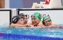 <p>A heartwarming moment in the women's 200m backstroke final – Tatjana Schoenmaker having won gold and set a new Olympic record was pulled in for a congratulatory hug by her competitors. Visibly overwhelmed at her feat the two American swimmers Lilly King and Annie Lazor, and Schoenmaker's fellow South African swimmer celebrated with her. </p>