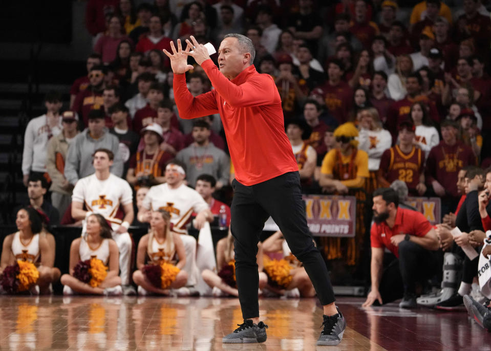 Texas Tech head coach Grant McCasland calls out to his players in the first half against Iowa State during an NCAA college basketball game, Saturday, Feb. 17, 2024, in Ames, Iowa. (AP Photo/Bryon Houlgrave)