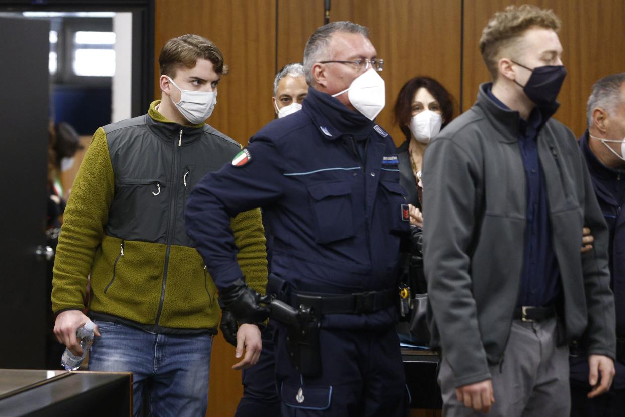 Gabriel Natale-Hjorth (left) and Finnegan Lee Elder, the two men accused of the killing of an Italien police officer, arrive for a hearing in their trial on Feb. 3, 2021 in Rome.