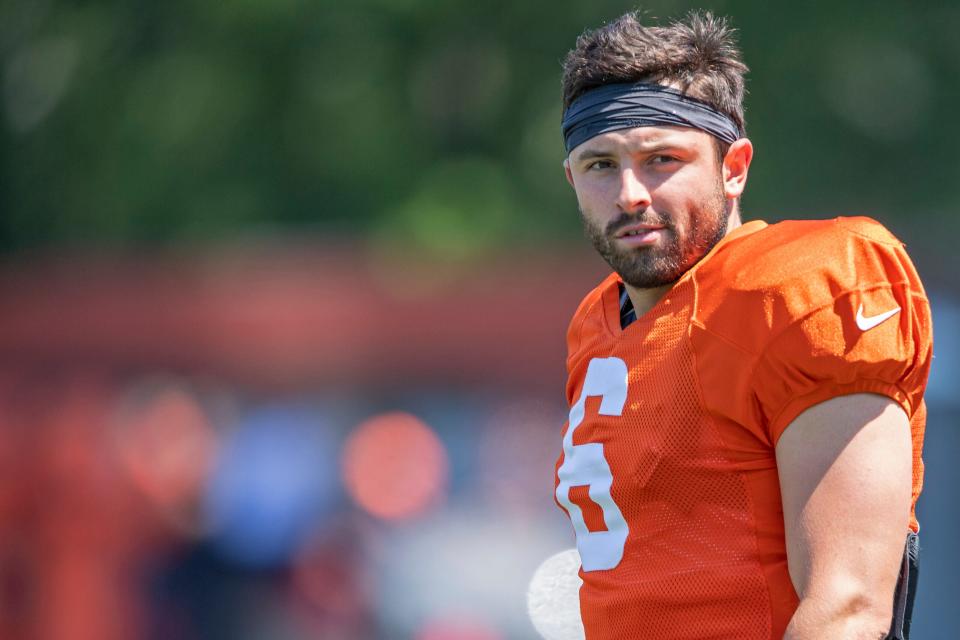 Cleveland Browns quarterback Baker Mayfield (6) stands during an NFL football practice in Berea, Ohio, Wednesday, Aug. 4, 2021.