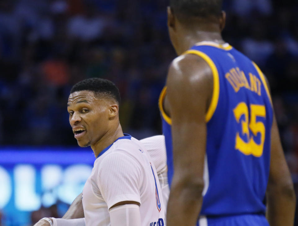 Exhibit No. 836 why this isn’t “just a regular game” for Russell Westbrook and Kevin Durant. (AP)