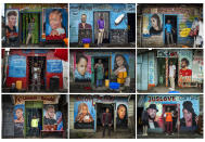 Salon owners pose in front of their shops in Goma, Democratic Republic of Congo, Saturday Nov. 26, 2022. At a time of tension and economic uncertainty, the bold names and brightly colored storefronts bring a sense of normalcy to residents who have contended with conflict and natural disasters such as volcanic eruptions for decades. (AP Photo/Jerome Delay)