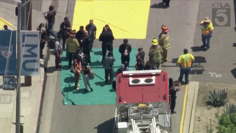 According to preliminary information released by the Los Angeles Fire Department, the crash occurred at 11:54 a.m. on Tuesday, April 29, on Exposition Boulevard between Normandie Avenue and Figueroa Street near the campus of USC. (KTLA)