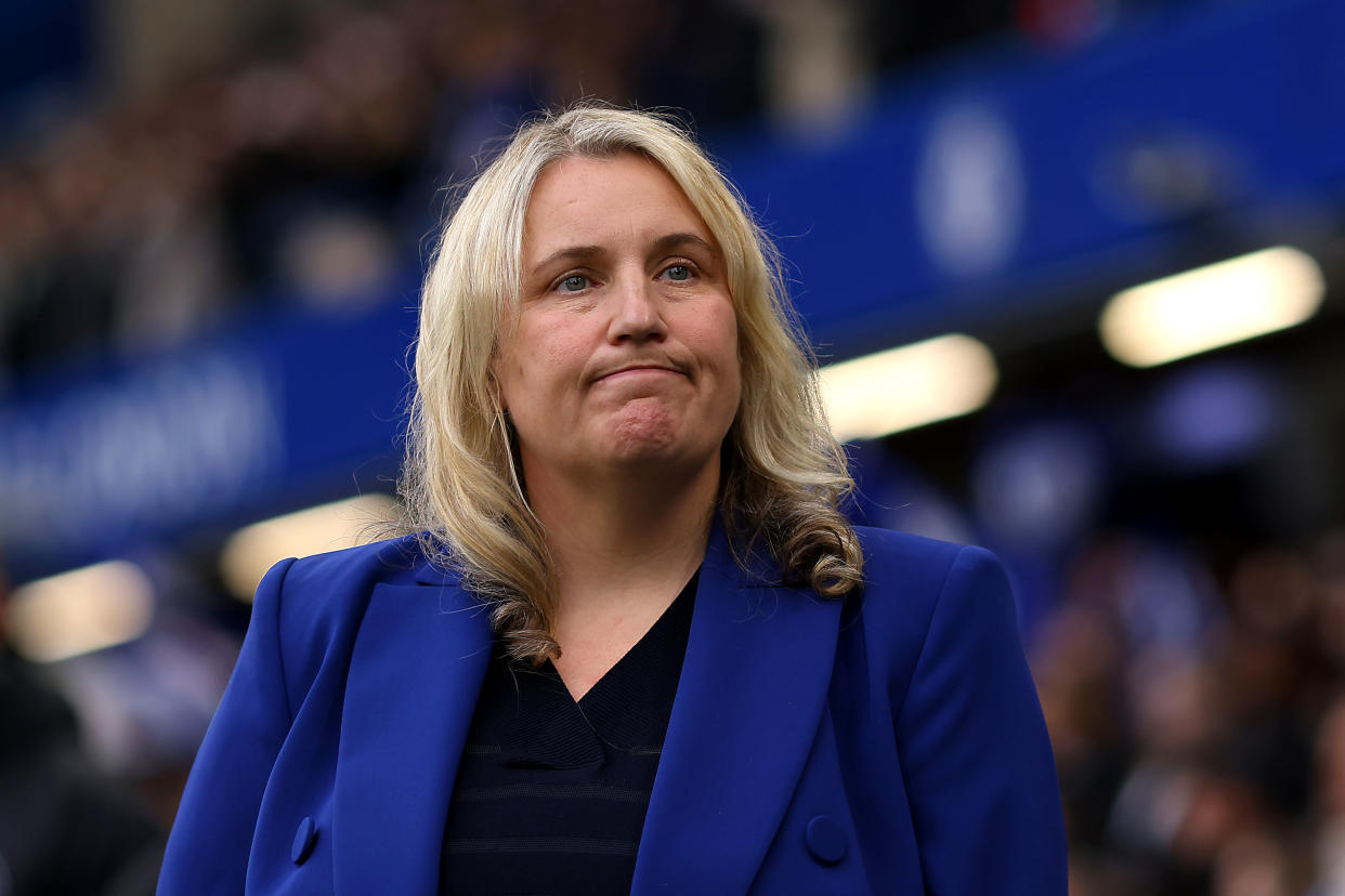 LONDON, ENGLAND - APRIL 27: Emma Hayes, Manager of Chelsea, looks on prior to the UEFA Women's Champions League 2023/24 semi-final second leg match between Chelsea FC and FC Barcelona at Stamford Bridge on April 27, 2024 in London, England. (Photo by Charlie Crowhurst - UEFA/UEFA via Getty Images)