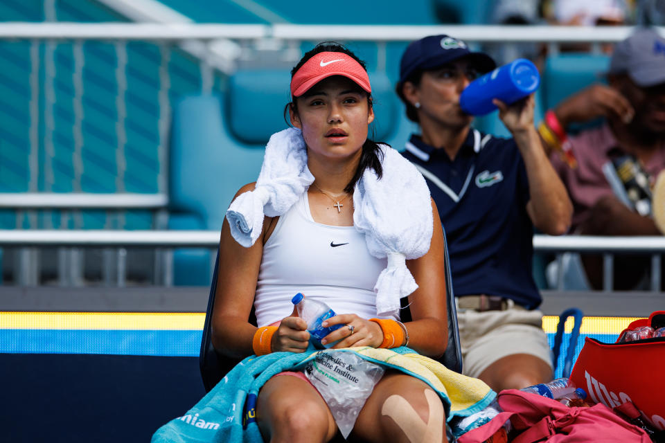 Emma Raducanu, pictured here during her loss to Katerina Siniakova at the Miami Open.