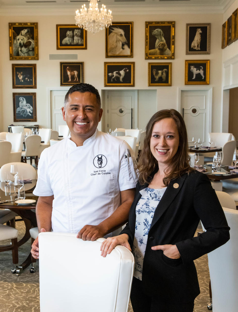 Chef de Cuisine Isai Coca of Stirrups Restaurant and General Manager Abigail Zavaski pose in the dining room on July 20.