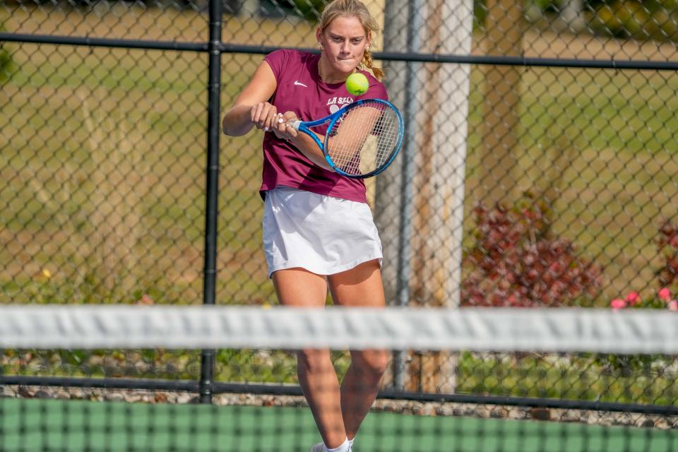 La Salle’s Eliza Barker, above, and Alisha Chowdhry won the state doubles title on Sunday at Slater Park.