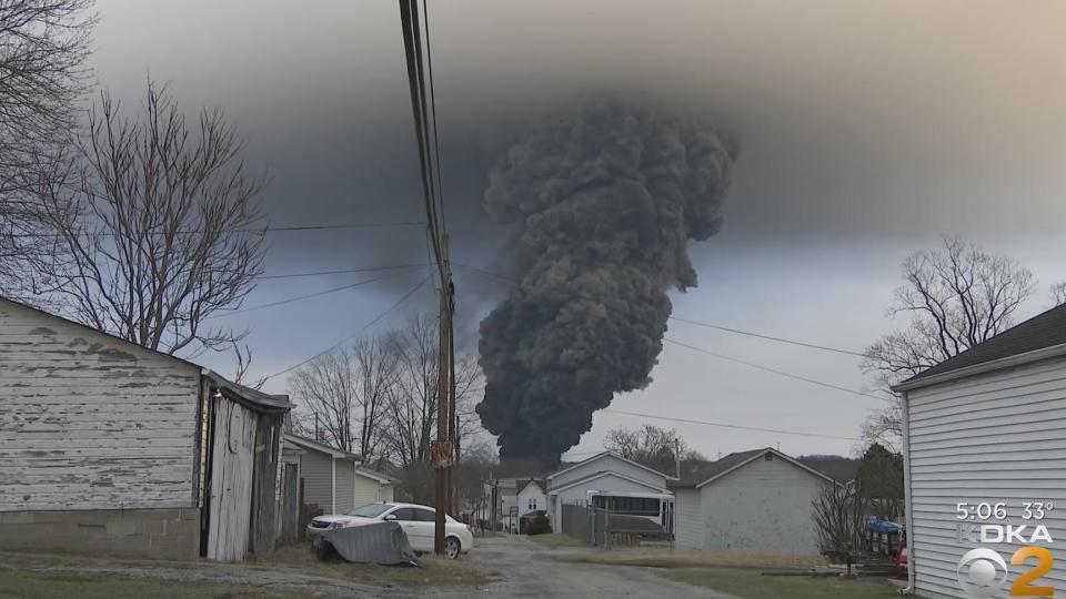 A look at the controlled release of material from the derailed train cars in East Palestine, Ohio. / Credit: CBS Pittsburgh