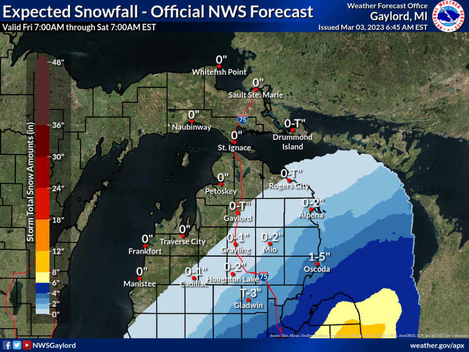 An updated snowfall forecast for the upper Lower Peninsula of Michigan as of Friday, March 3, 2023. These are snowfall total projections for 7 a.m. Friday through 7 a.m. Saturday.
