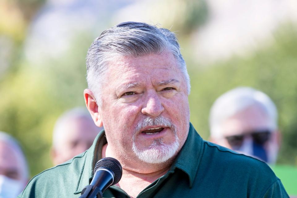 Ron deHarte, the head of Greater Palm Springs Pride and other city organizations, announces a run for the Palm Springs city council seat currently filled by Geoff Kors, at Ruth Hardy Park in Palm Springs, Calif., on Tuesday, Jan. 18. 2022. 