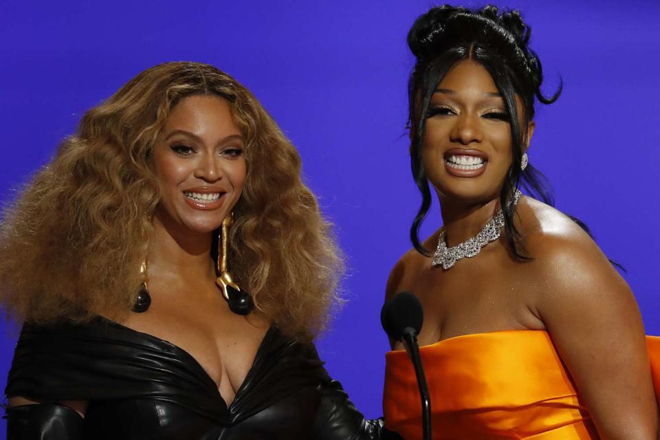 <p>Cliff Lipson/CBS via Getty</p> Beyoncé and Megan Thee Stallion in Los Angeles in March 2021
