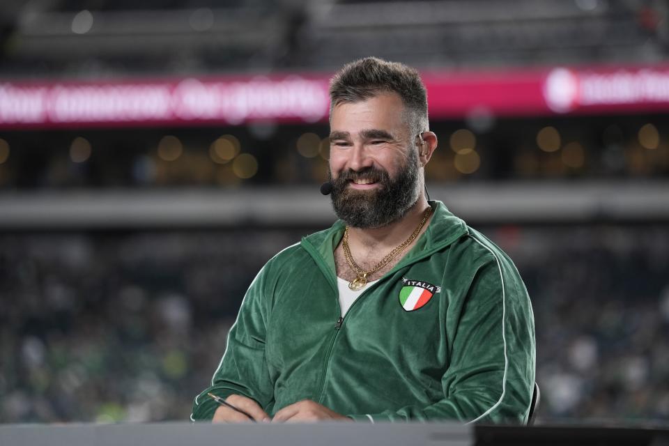 Former Philadelphia Eagles player Jason Kelce sits on the NFL ESPN Monday Night Football before an NFL football game between the Eagles and the Atlanta Falcons on Monday, Sept. 16, 2024, in Philadelphia. (AP Photo/Matt Rourke)