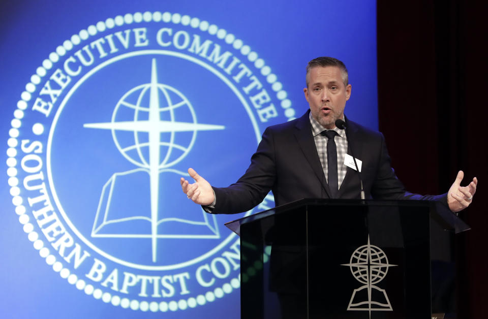 FILE - In this Monday, Feb. 18, 2019 file photo, Southern Baptist Convention President J.D. Greear speaks to the denomination's executive committee in Nashville, Tenn., after a newspaper investigation revealed hundreds of sexual abuse cases by Southern Baptist ministers and lay leaders over the past two decades. In his opening speech to the 2021 executive committee meeting, he said, “We should mourn when closet racists and neo-Confederates feel more at home in our churches than do many of our people of color.” (AP Photo/Mark Humphrey)