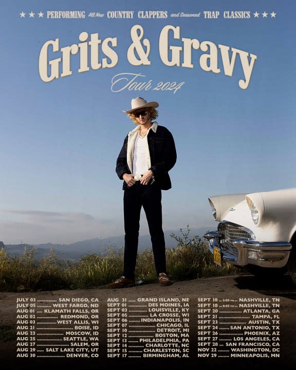 An image of the tour poster for Yung Gravy's "Grits & Gravy" tour. The multi-platinum singer — known for his viral hits like "oops!" and "Betty (Get Money)" — is scheduled to stop in Utah on his 2024 tour. (Courtesy: Kierra Felton/Republic Records)