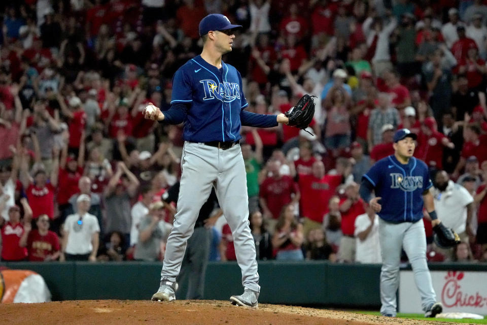 CINCINNATI, OHIO - JULY 08: Matt Wisler #37 of the Tampa Bay Rays reacts after balking to end the game 2-1 in the tenth inning against the Cincinnati Reds at Great American Ball Park on July 08, 2022 in Cincinnati, Ohio. (Photo by Dylan Buell/Getty Images)