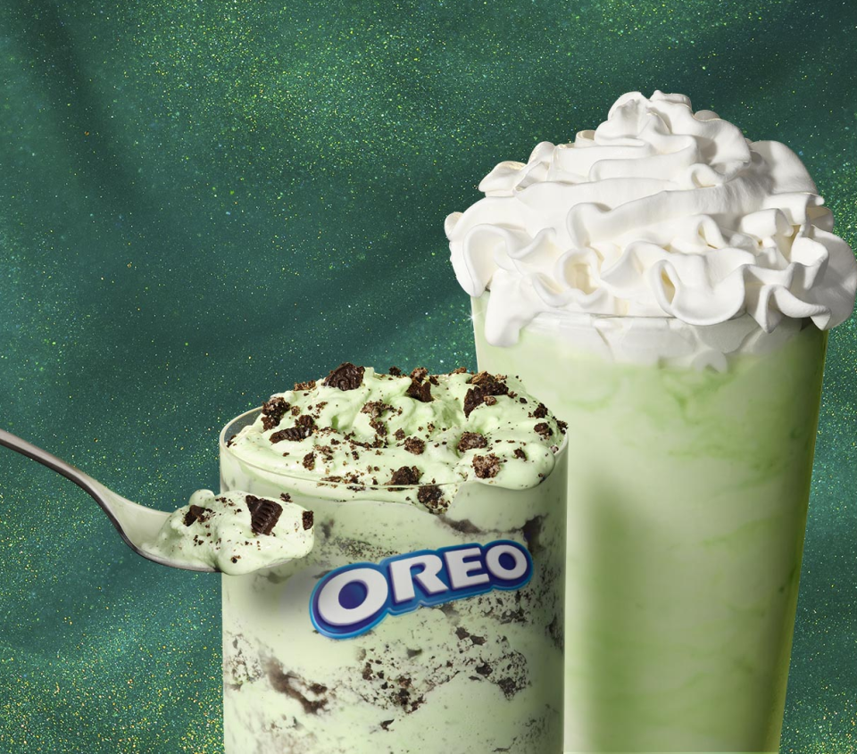 McDonald's iconic Oreo Shamrock McFlurry and Shamrock Shake, limited-time desserts.