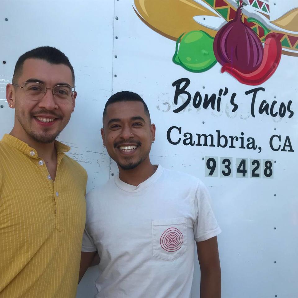Boni’s Tacos is the Cambria Chamber of Commerce’s pick for the town’s 2023 Business of the Year. The honor is based in part on the taqueria truck’s 18 years of selling notable authentic Mexican food, but also on the determined volunteerism of the son of the founders and business manager, Cesar Viveros, right, and his husband Alfonso Acuna. Viveros was the sparkplug and organizer for Cambria’s first Pride by the Sea event in June.